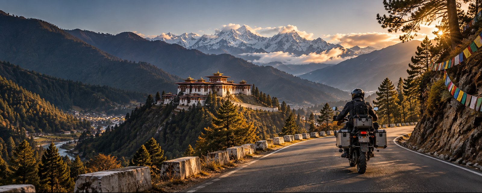 Adventure motorcyclist riding toward a Bhutanese dzong at golden hour